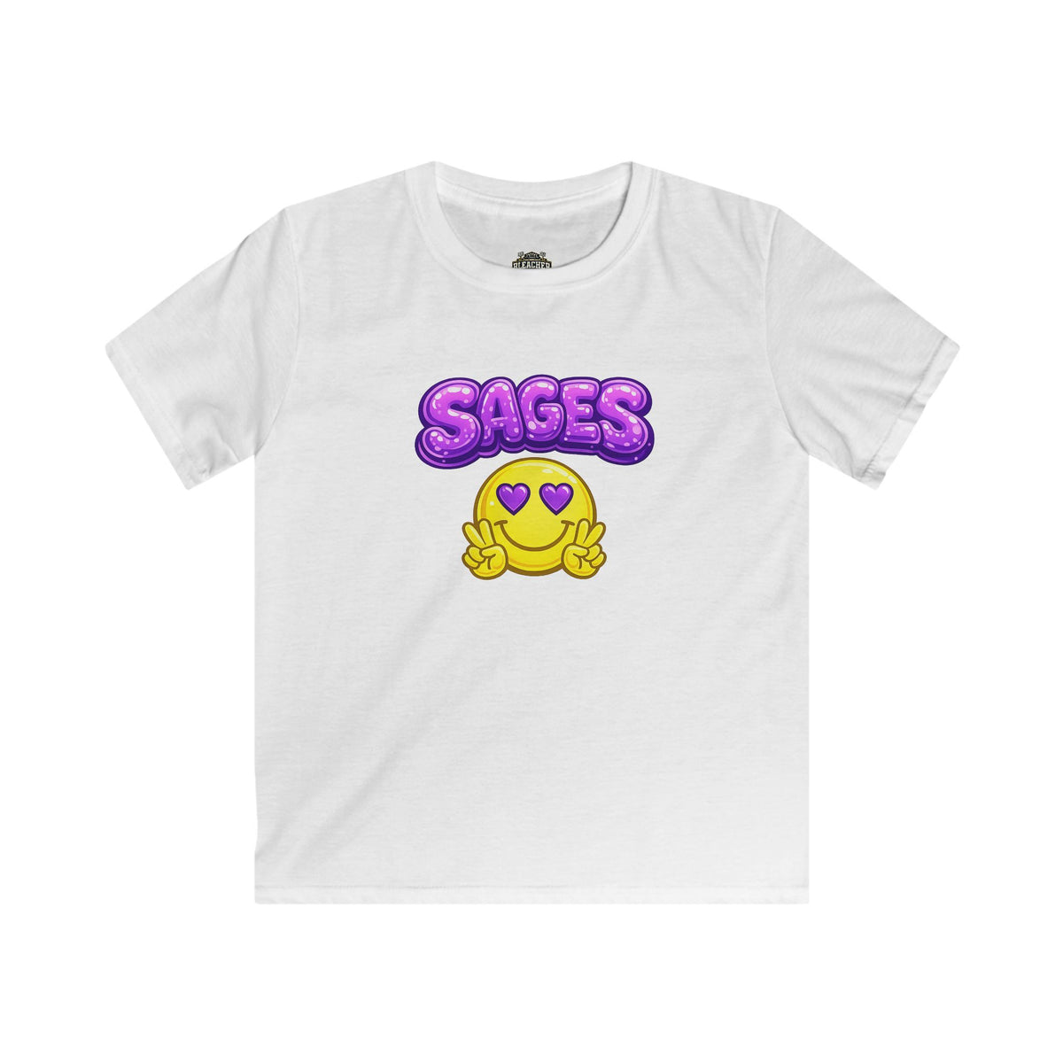 YOUTH Tee — "Sages" Purple Bubble Text with Heart-Eyes Smiley Graphic