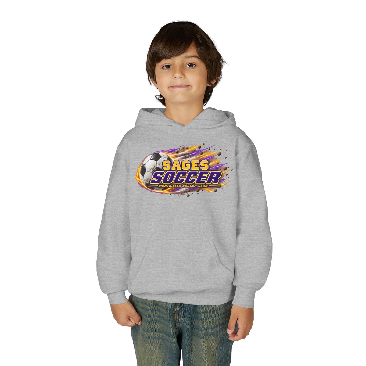 YOUTH Sages Soccer Hoodie — Purple & Gold Flame Graphic Sweatshirt with Hood