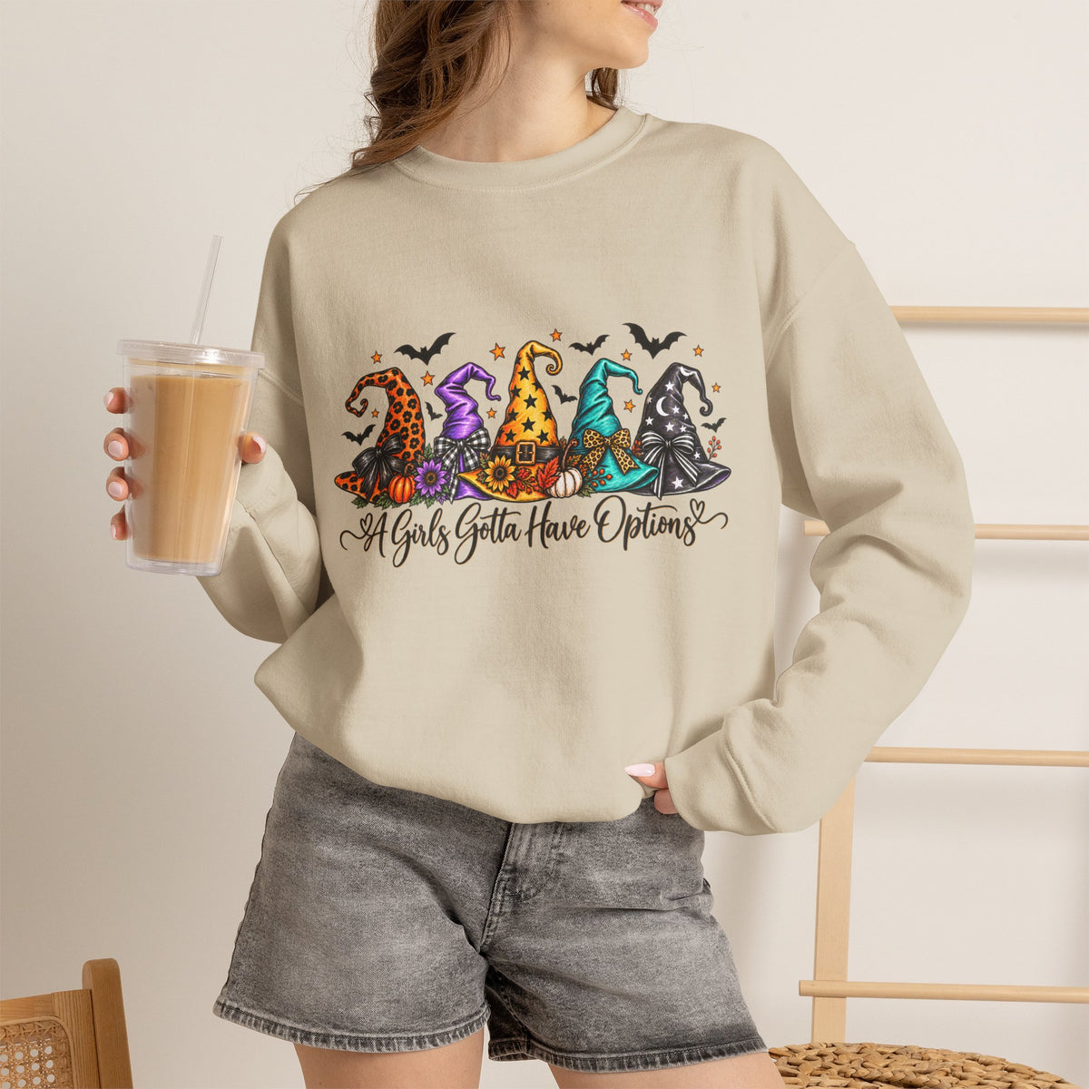 Witch Hat Crewneck Sweatshirt - "A Girls Gotta Have Options" Halloween Pullover