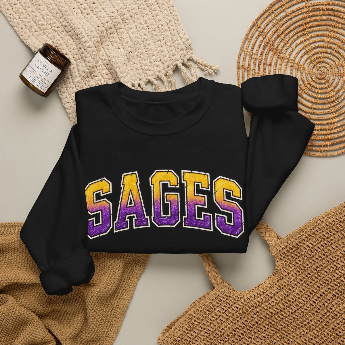 Sages Varsity Crewneck Sweatshirt — Retro Purple & Gold Collegiate Pullover