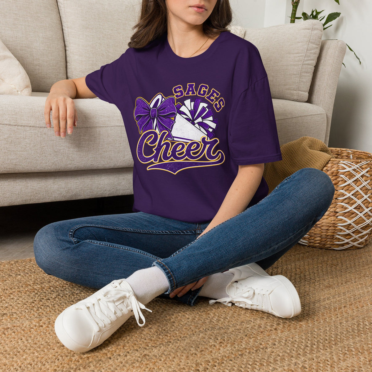 Sages Cheer T‑Shirt — Purple Bow & Pom Design