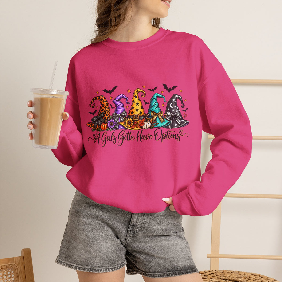 Witch Hat Crewneck Sweatshirt - "A Girls Gotta Have Options" Halloween Pullover