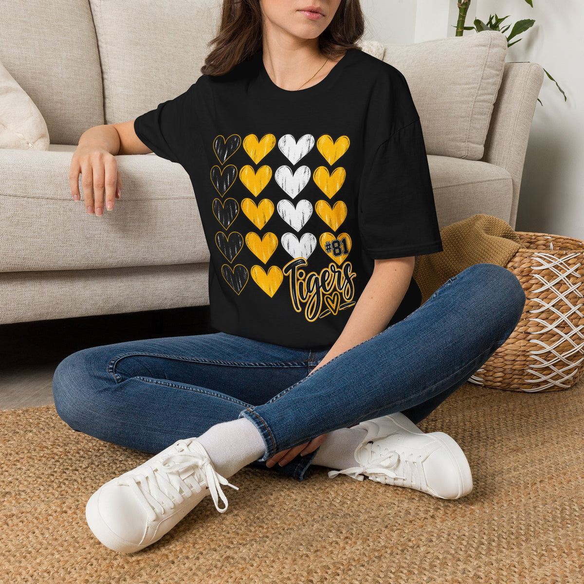 T-Shirt — Yellow & Black Heart Grid "Tigers" School Spirit Tee