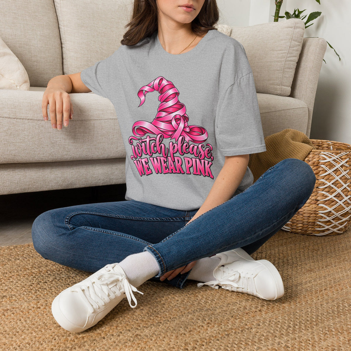 Witch Please We Wear Pink T-Shirt — Pink Witch Hat Breast Cancer Awareness Tee