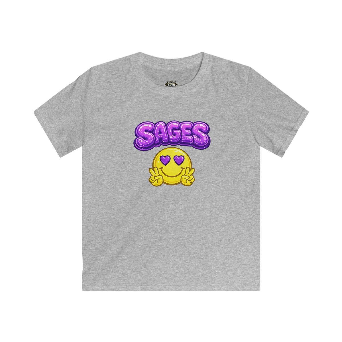 YOUTH Tee — "Sages" Purple Bubble Text with Heart-Eyes Smiley Graphic