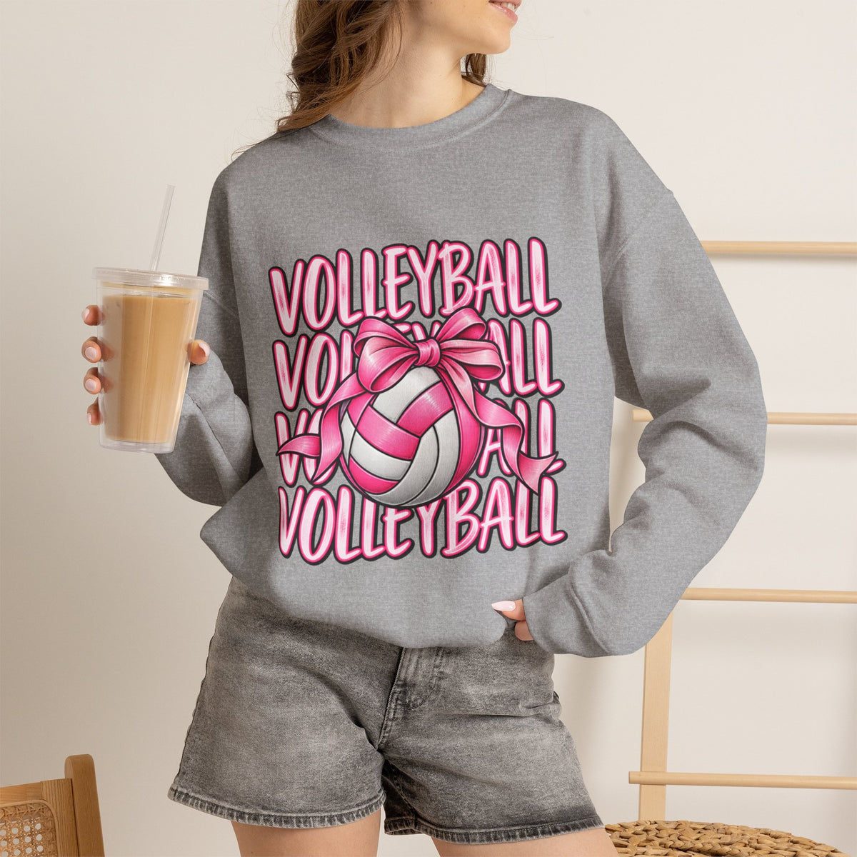 Volleyball Bow Sweatshirt — Pink Volleyball Graphic Crewneck
