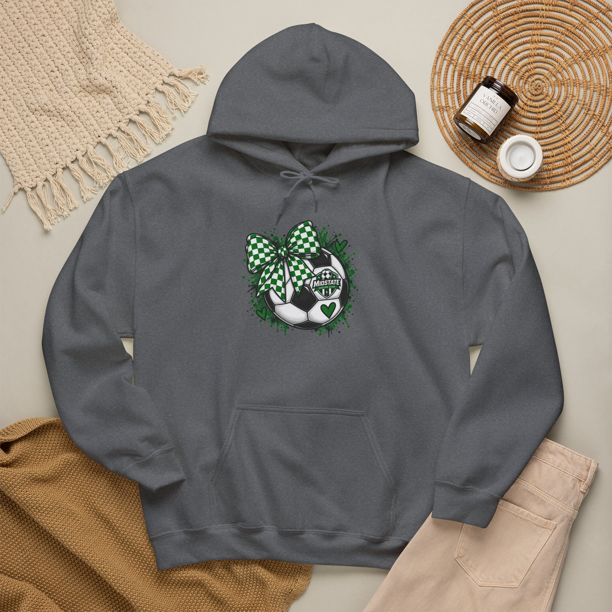 Midstate Soccer Hoodie — Green Plaid Bow Kitty Design