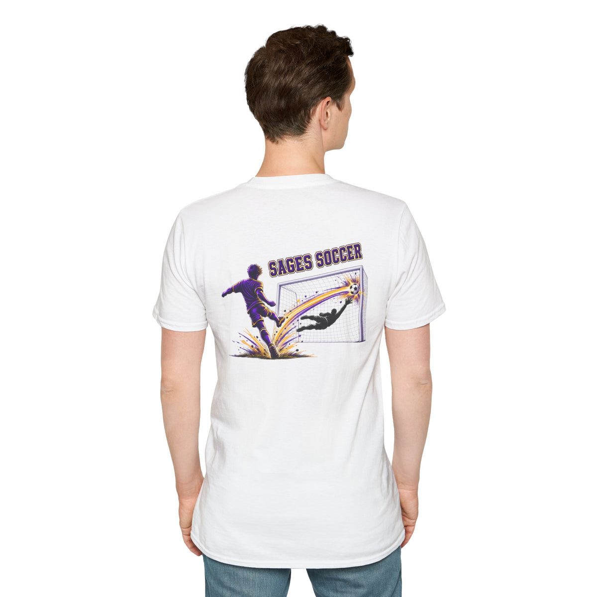 Monticello Soccer Club Graphic Goal T Shirt - Crest on Front, Graphic Soccer Goal On Back