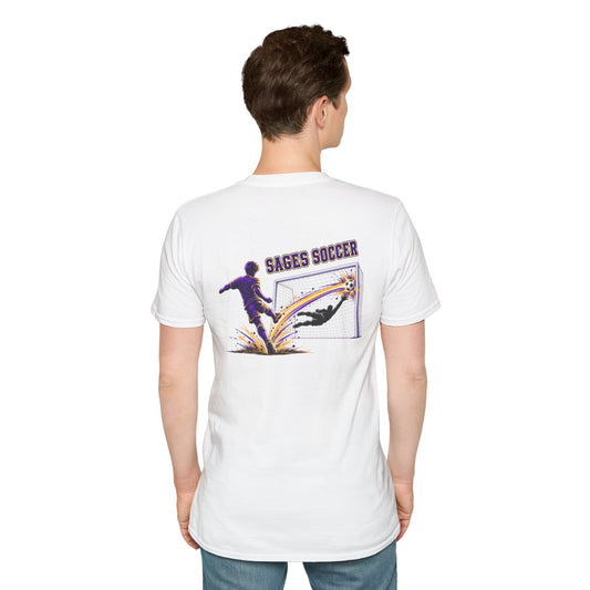 Monticello Soccer Club Graphic Goal T Shirt - Crest on Front, Graphic Soccer Goal On Back